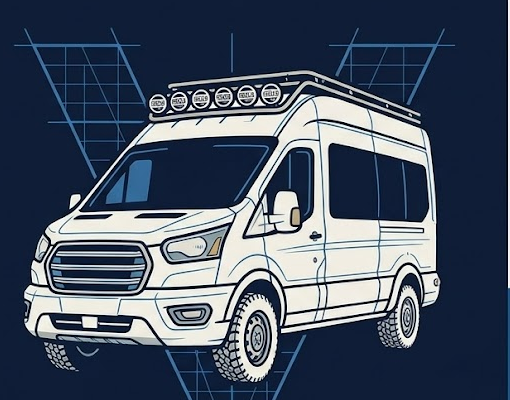 Wireframe illustration of a high-roof Transit-style camper van with roof rack and roof lights, over a blueprint grid.